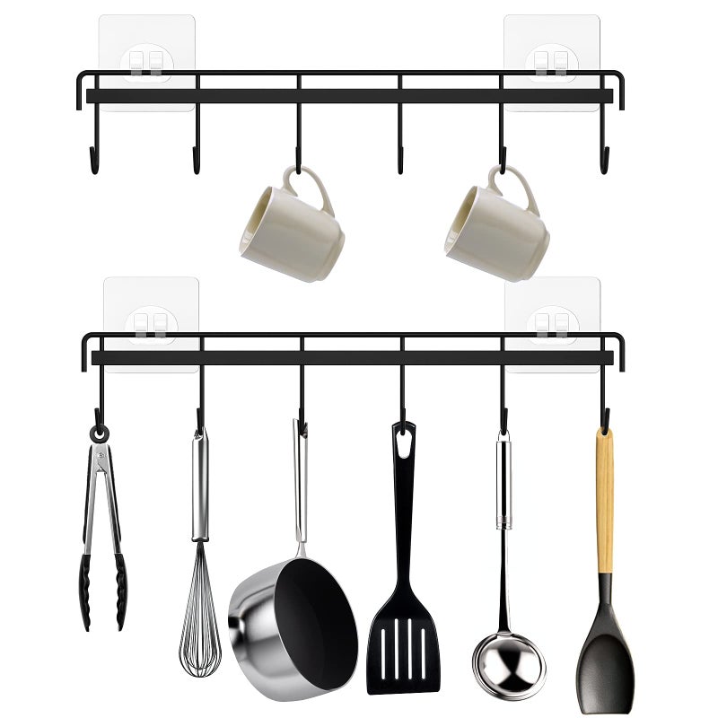 HOMEBROS Kitchen Utensil Hanger, Adhesive Utensil Holder Wall Mount Kitchen Rack Rail with 12 Hooks, Space Saving and No Drilling, Black, 2 Pcs - Image 1